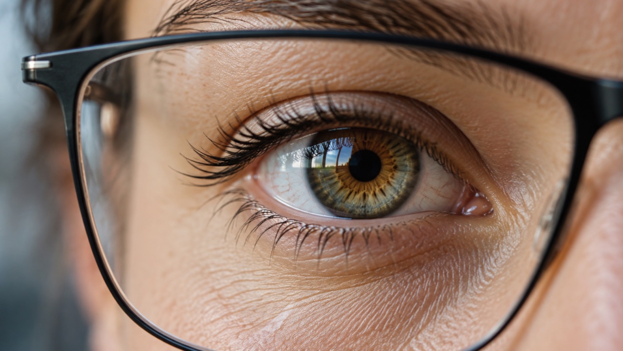 Close-up of a person's eye behind the lens of thin-framed glasses.