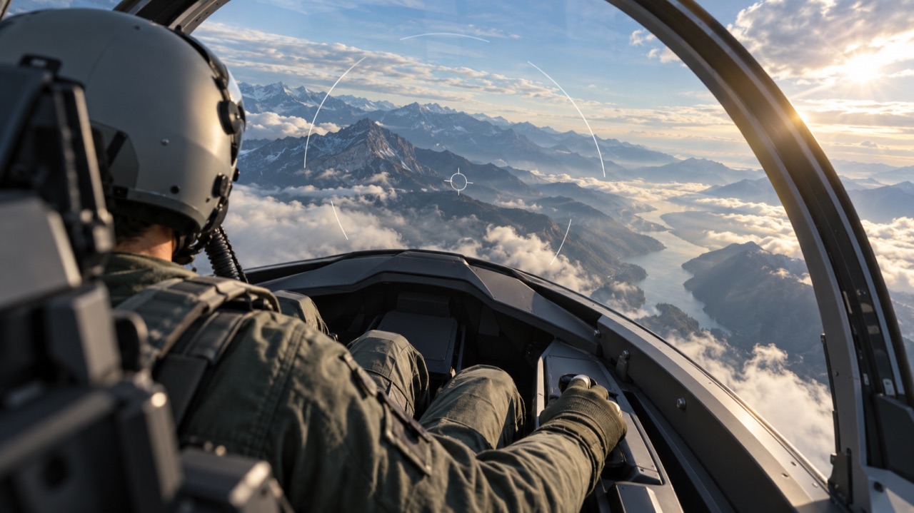 View over a fighter pilot's shoulder: a helmeted pilot in the cockpit, mountains and cloud below, a targeting reticle floating in the air ahead.